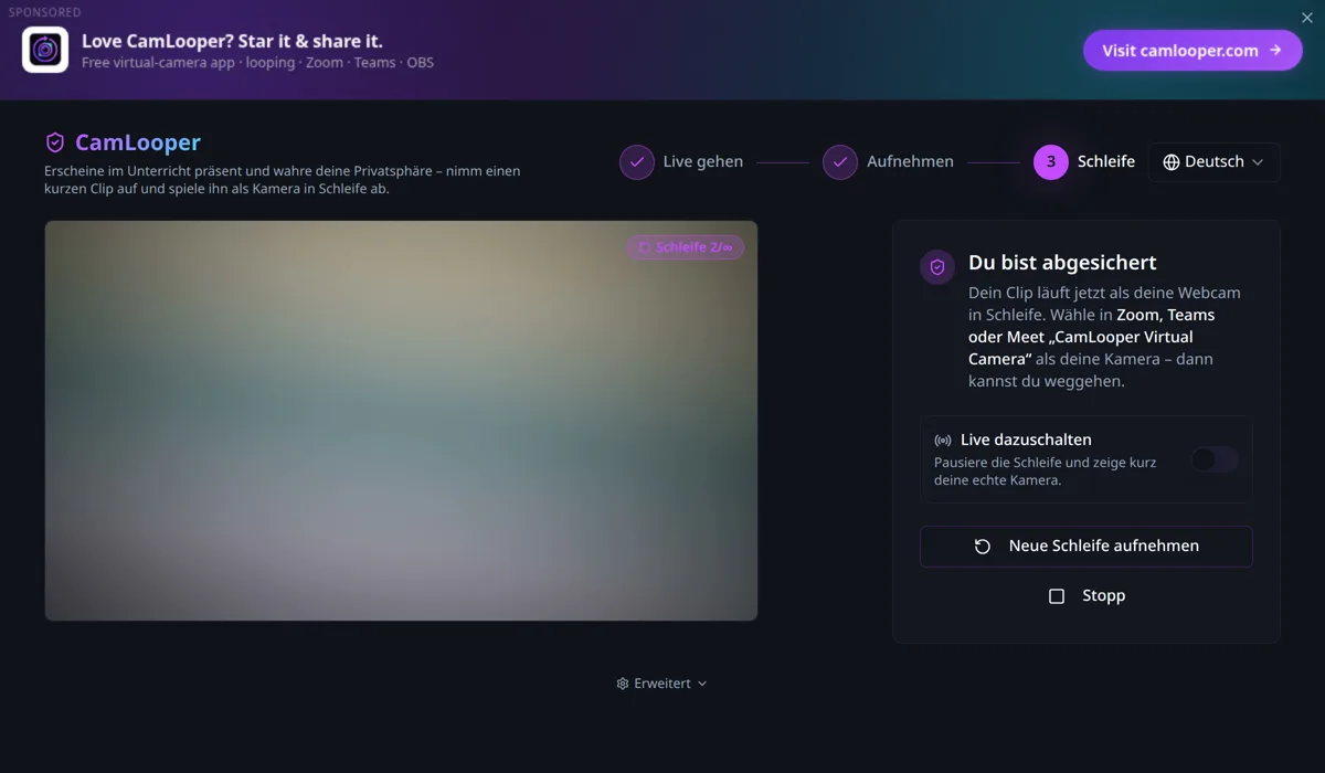 CamLooper in Schritt 3, Schleife: ein Bereich „Du bist abgesichert“, ein Schalter „Live dazuschalten“ und ein Badge „Schleife 2/∞“ über der Vorschau.