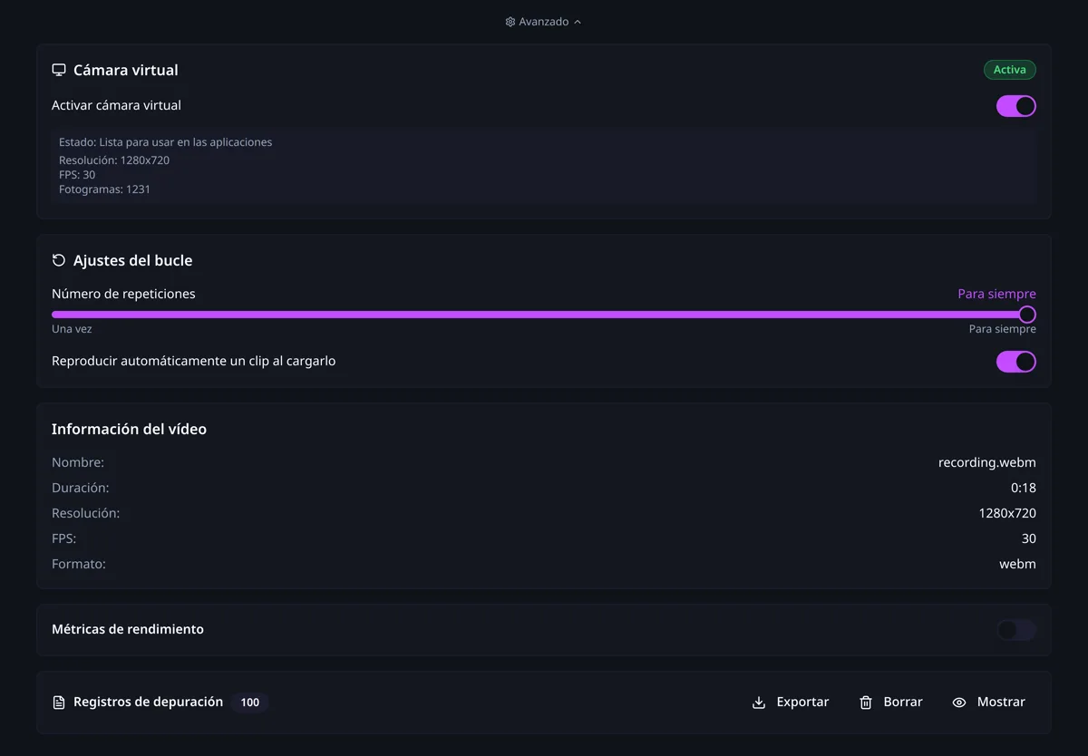 El panel Avanzado de CamLooper con el estado de la cámara virtual, los ajustes del bucle, la información del vídeo, las métricas de rendimiento y los registros de depuración.